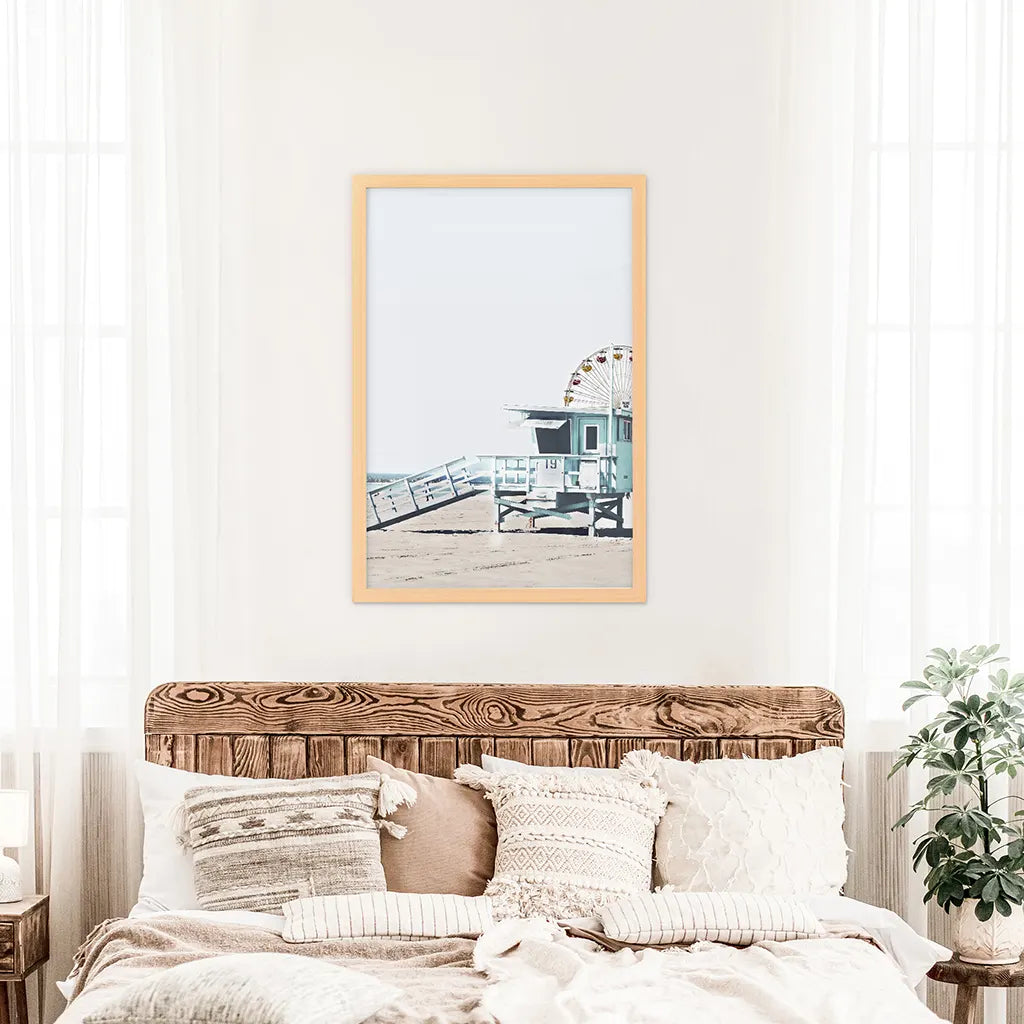 Santa Monica Beach Wall Decor. Ferris Wheel, Lifeguard Hut. Wood Frame