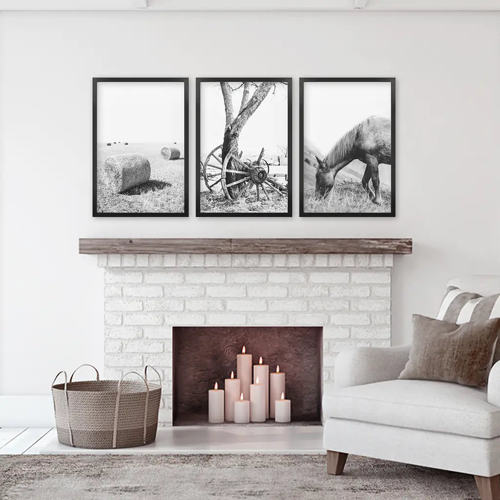 Country House Black White Wall Decor. Horse, Bale Hills, Old Wheel. Black Frames