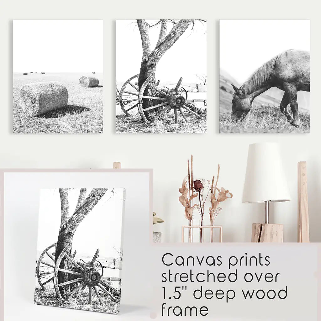 Country House Black White Wall Decor. Horse, Bale Hills, Old Wheel. Stretched Canvas
