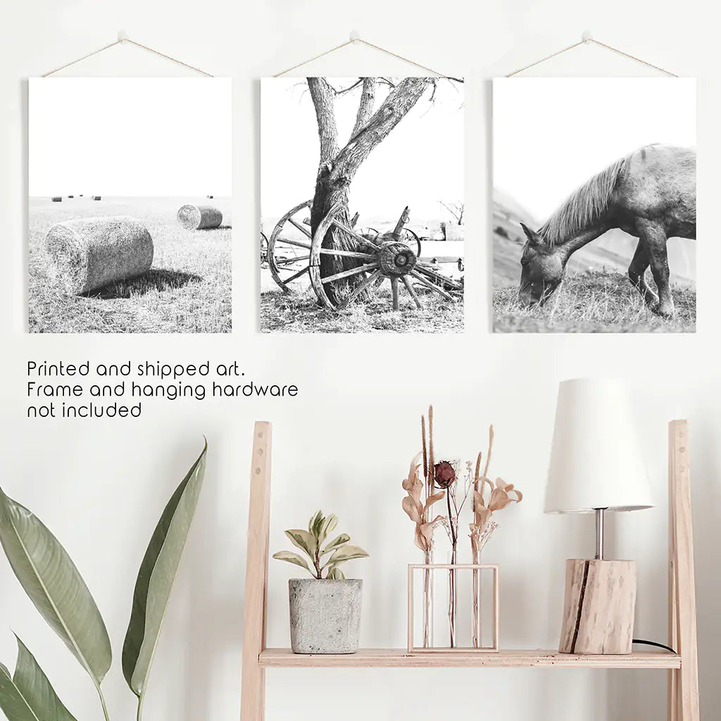 Country House Black White Wall Decor. Horse, Bale Hills, Old Wheel. Unframed Art