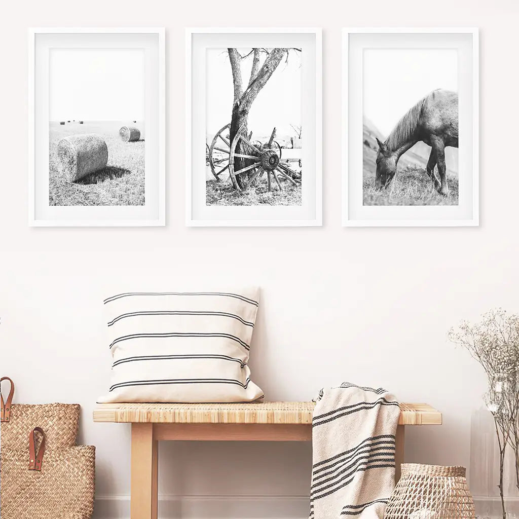 Country House Black White Wall Decor. Horse, Bale Hills, Old Wheel. White Frames with Mat