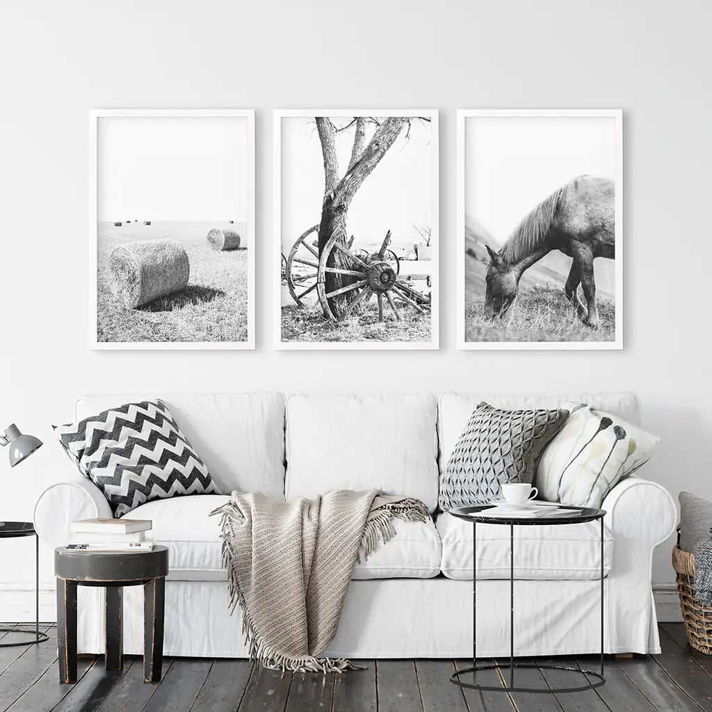 Country House Black White Wall Decor. Horse, Bale Hills, Old Wheel. White Frames