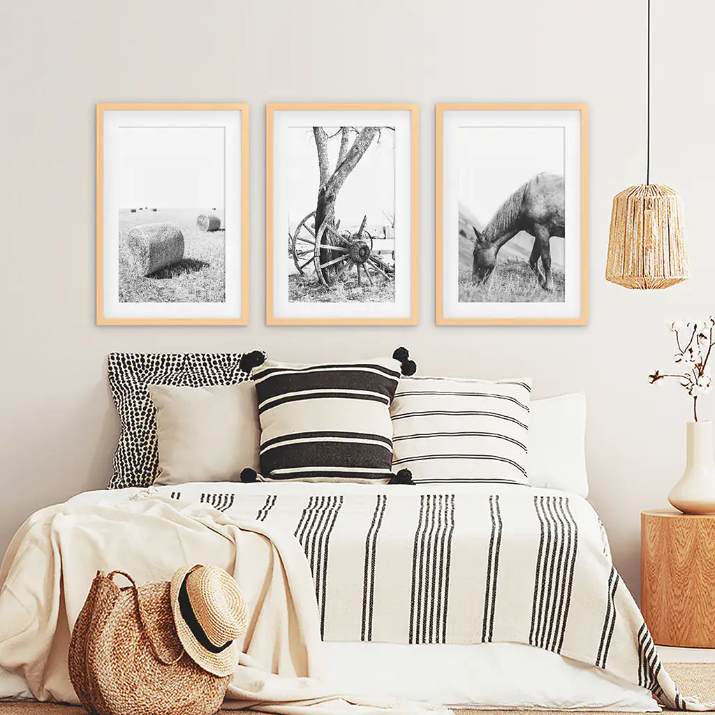 Country House Black White Wall Decor. Horse, Bale Hills, Old Wheel. Wood Frames with Mat