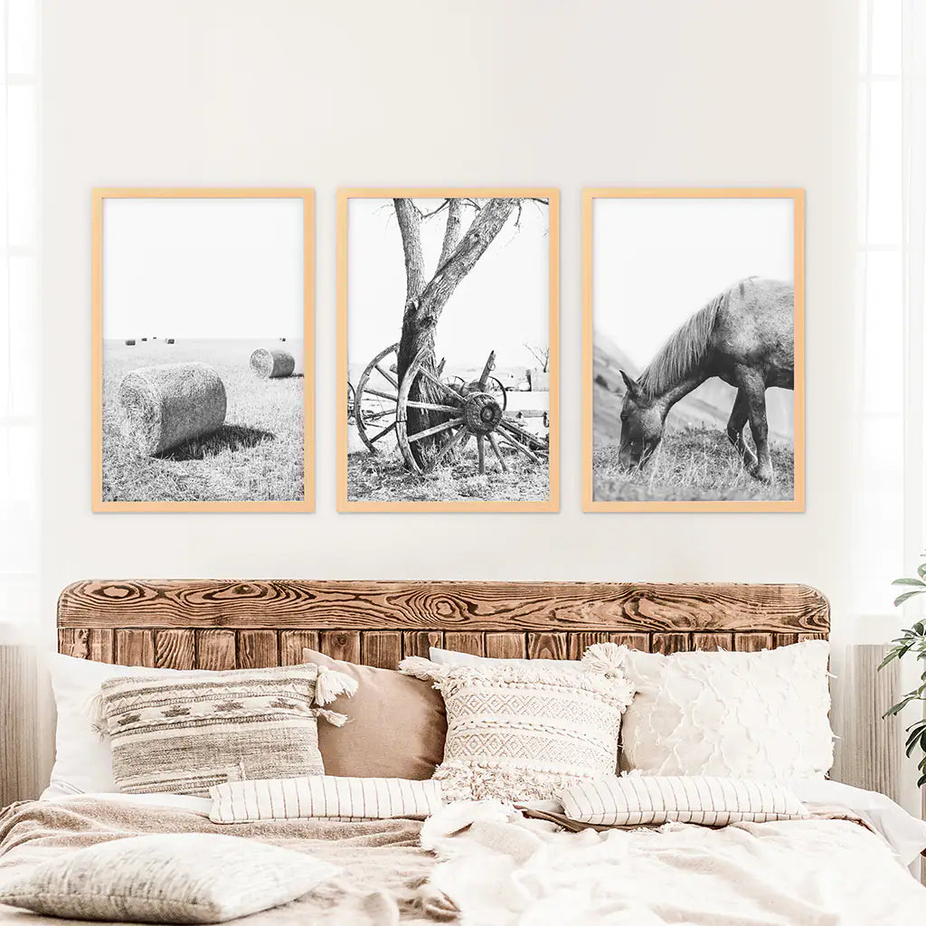 Country House Black White Wall Decor. Horse, Bale Hills, Old Wheel. Wood Frames