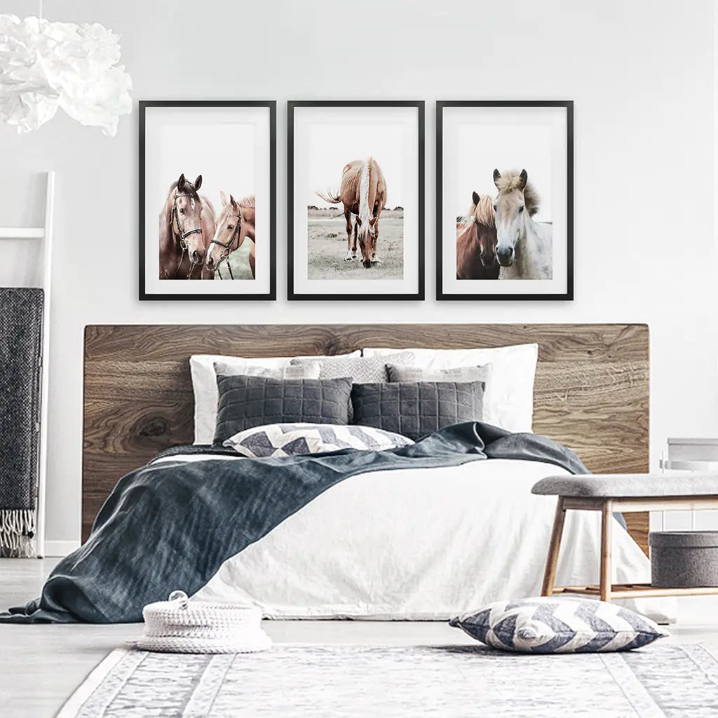 Horses. Modern Farmhouse Print Set of 3 - Black Frames wih Mat
