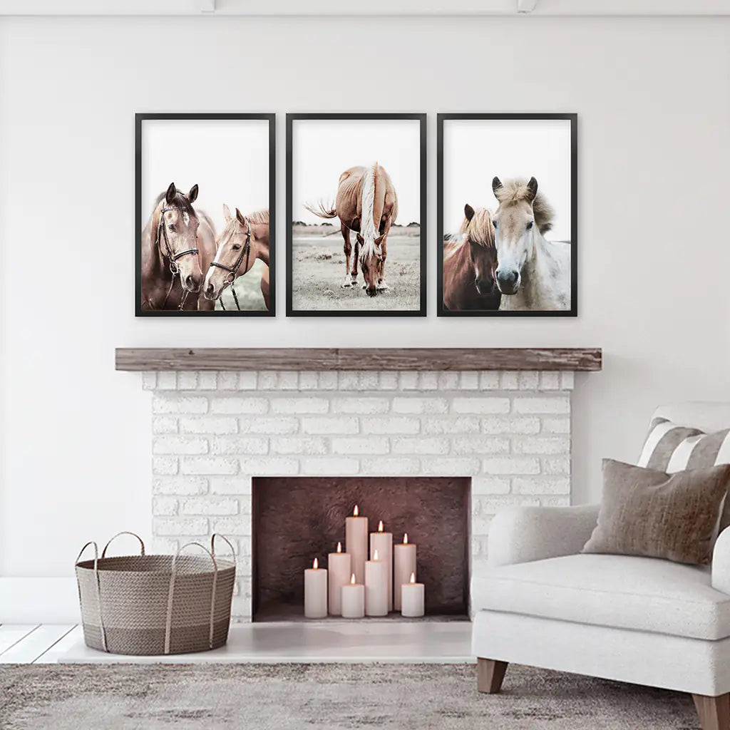 Horses. Modern Farmhouse Print Set of 3 - Black Frames