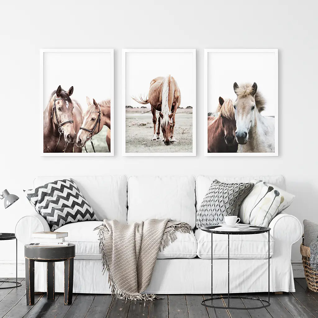 Horses. Modern Farmhouse Print Set of 3 - White Frames