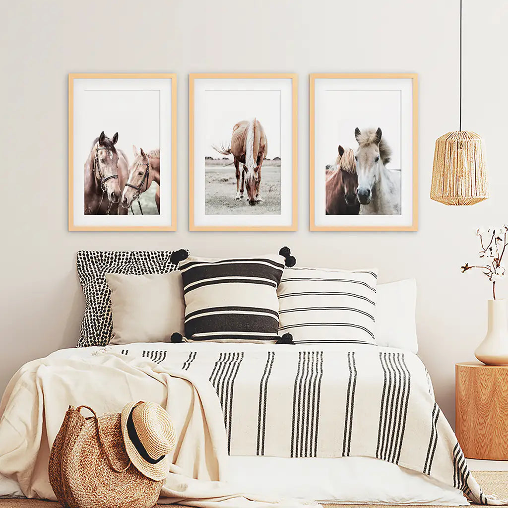 Horses. Modern Farmhouse Print Set of 3 - Wood Frames with Mat