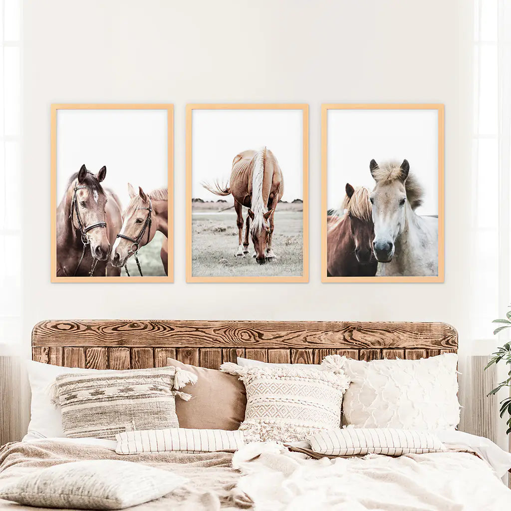 Horses. Modern Farmhouse Print Set of 3 - Wood Frames