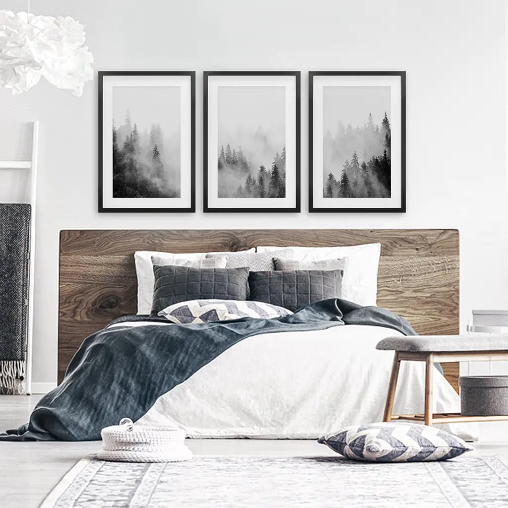 Forest Black White Set of 3 Prints - Black Frames wih Mat