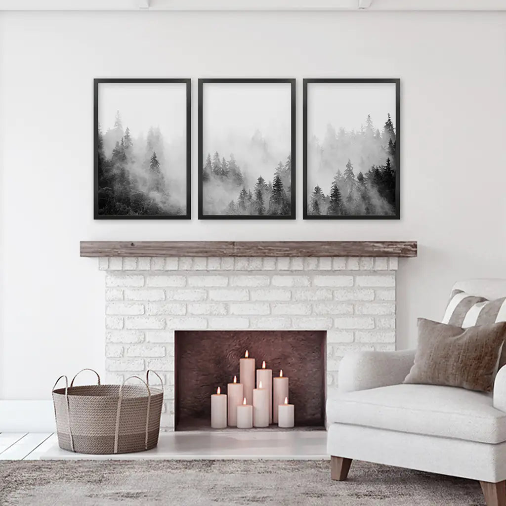 Forest Black White Set of 3 Prints - Black Frames