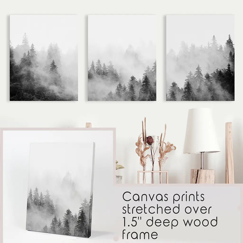 Forest Black White Set of 3 Prints - Stretched Canvas