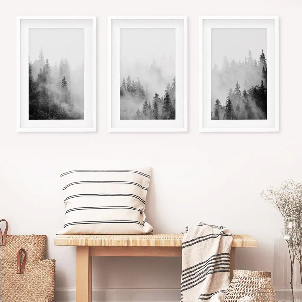 Forest Black White Set of 3 Prints - White Frames with Mat