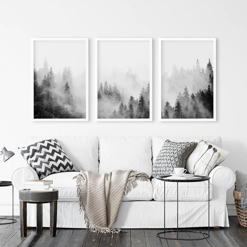 Forest Black White Set of 3 Prints - White Frames