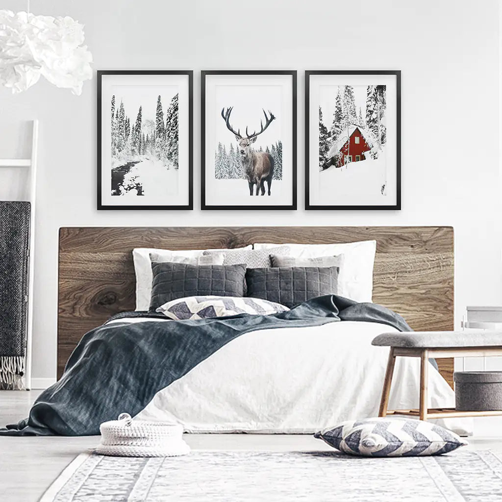 Christmas Mood Wall Art Set of 3. Red Log Cabin, Deer. Black Frames with Mat