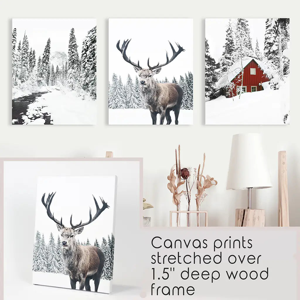 Christmas Mood Wall Art Set of 3. Red Log Cabin, Deer. Canvas Prints