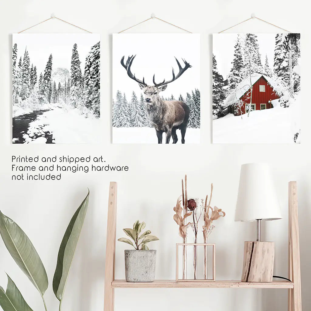 Christmas Mood Wall Art Set of 3. Red Log Cabin, Deer. Unframed Prints