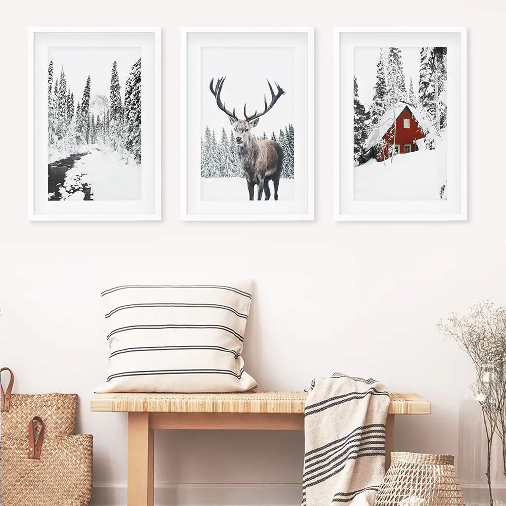 Christmas Mood Wall Art Set of 3. Red Log Cabin, Deer. White Frames with Mat