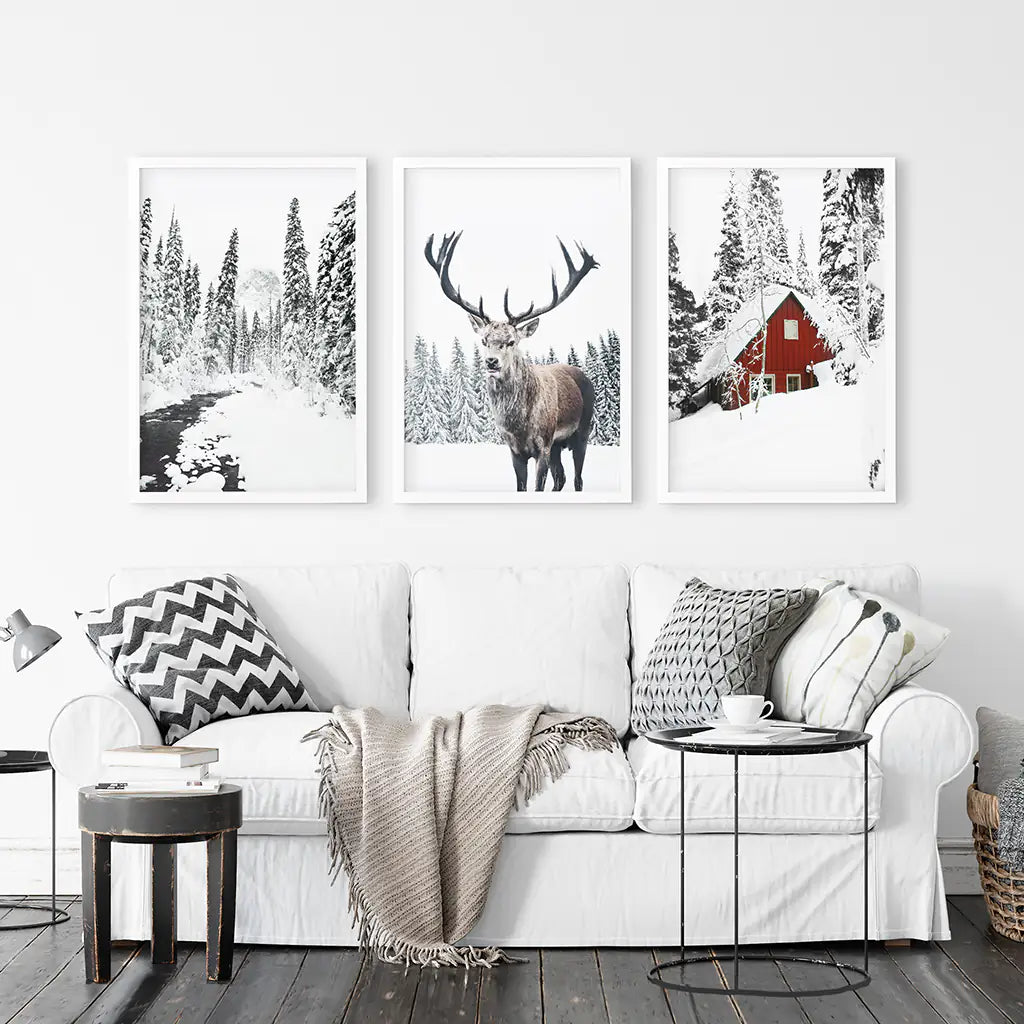 Christmas Mood Wall Art Set of 3. Red Log Cabin, Deer. White Frames
