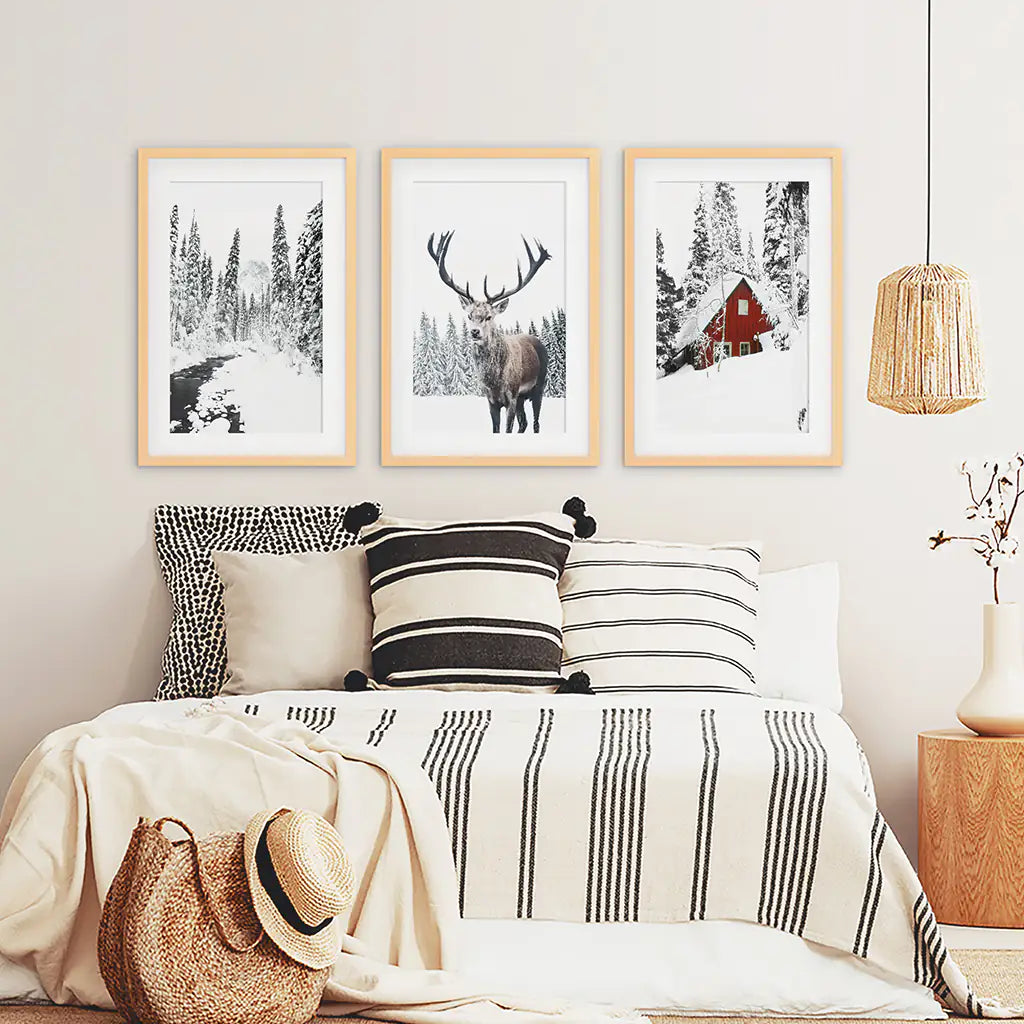Christmas Mood Wall Art Set of 3. Red Log Cabin, Deer. Wood Frames with Mat