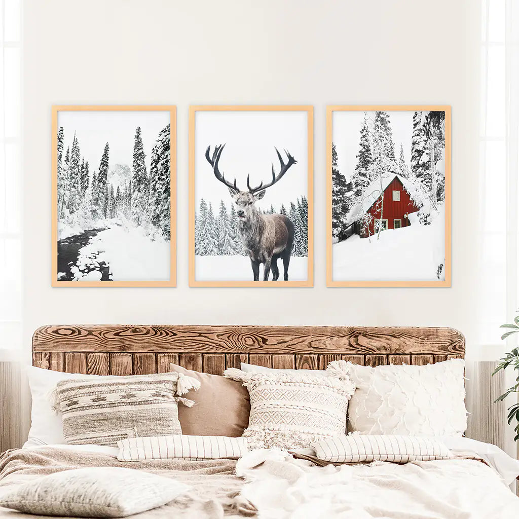 Christmas Mood Wall Art Set of 3. Red Log Cabin, Deer. Wood Frames