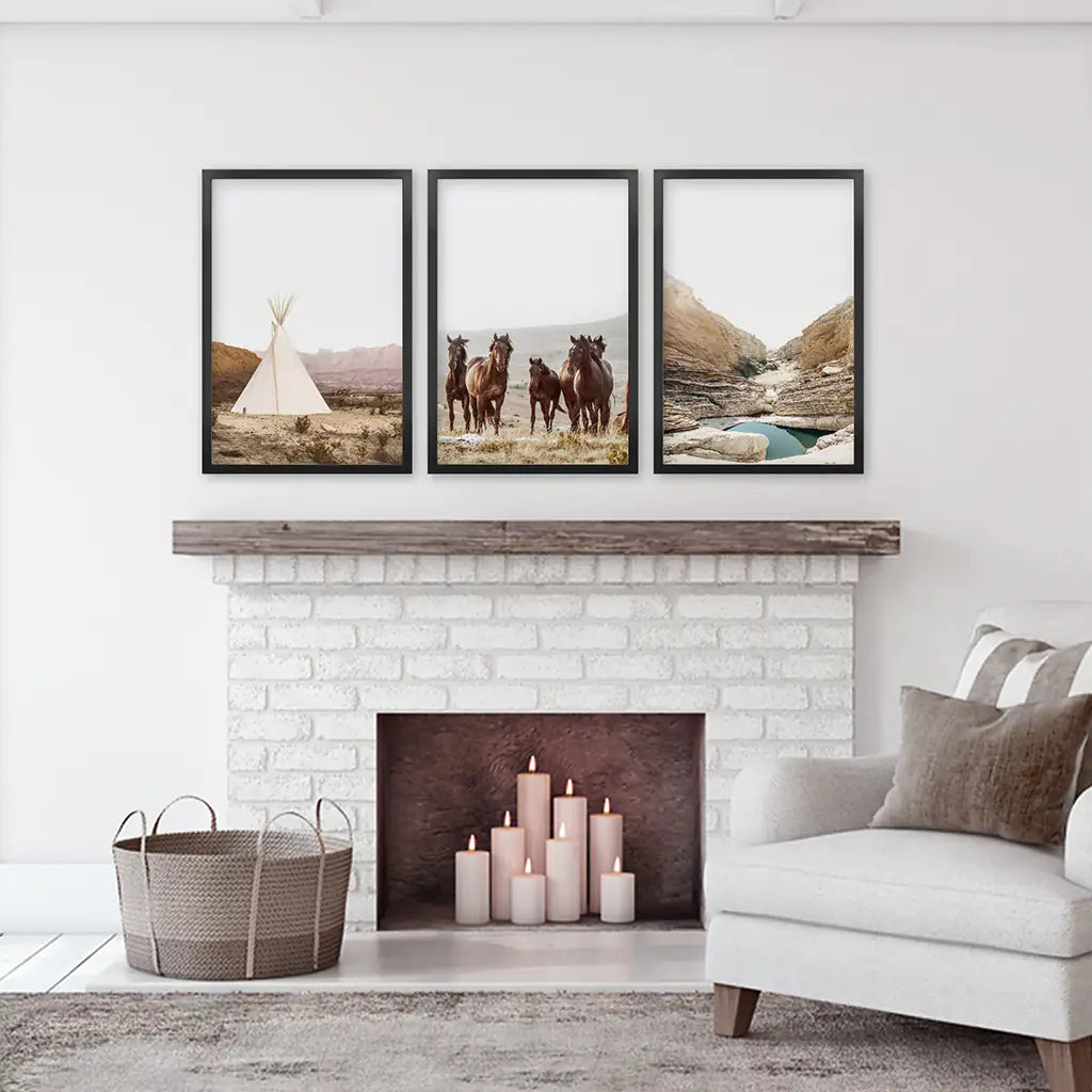 Texas Travel 3 Piece Wall Decor. Big Bend National Park, Wild Horses, Teepee. Black Frames