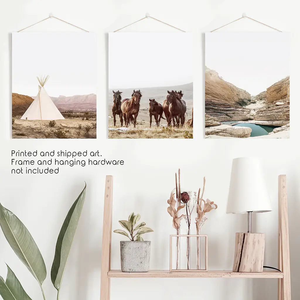 Texas Travel 3 Piece Wall Decor. Big Bend National Park, Wild Horses, Teepee. Unframed Prints