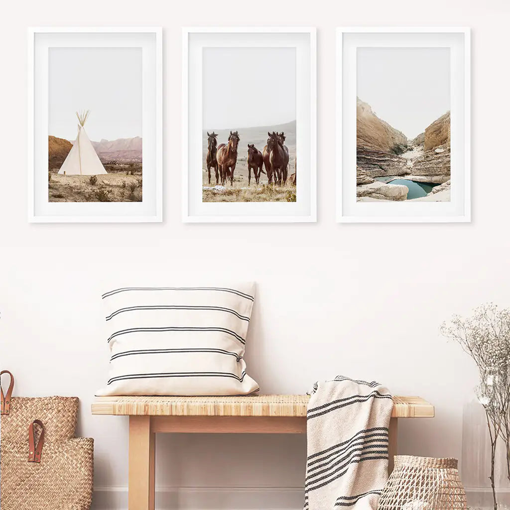 Texas Travel 3 Piece Wall Decor. Big Bend National Park, Wild Horses, Teepee. Black Frames with Mat