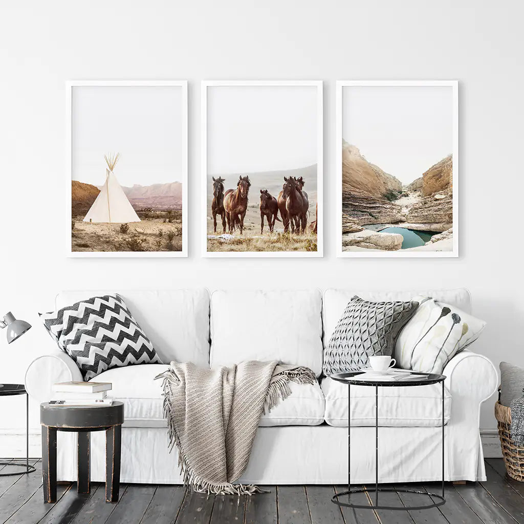 Texas Travel 3 Piece Wall Decor. Big Bend National Park, Wild Horses, Teepee. White Frames