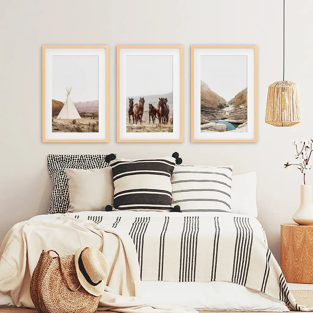 Texas Travel 3 Piece Wall Decor. Big Bend National Park, Wild Horses, Teepee. Wood Frames with Mat