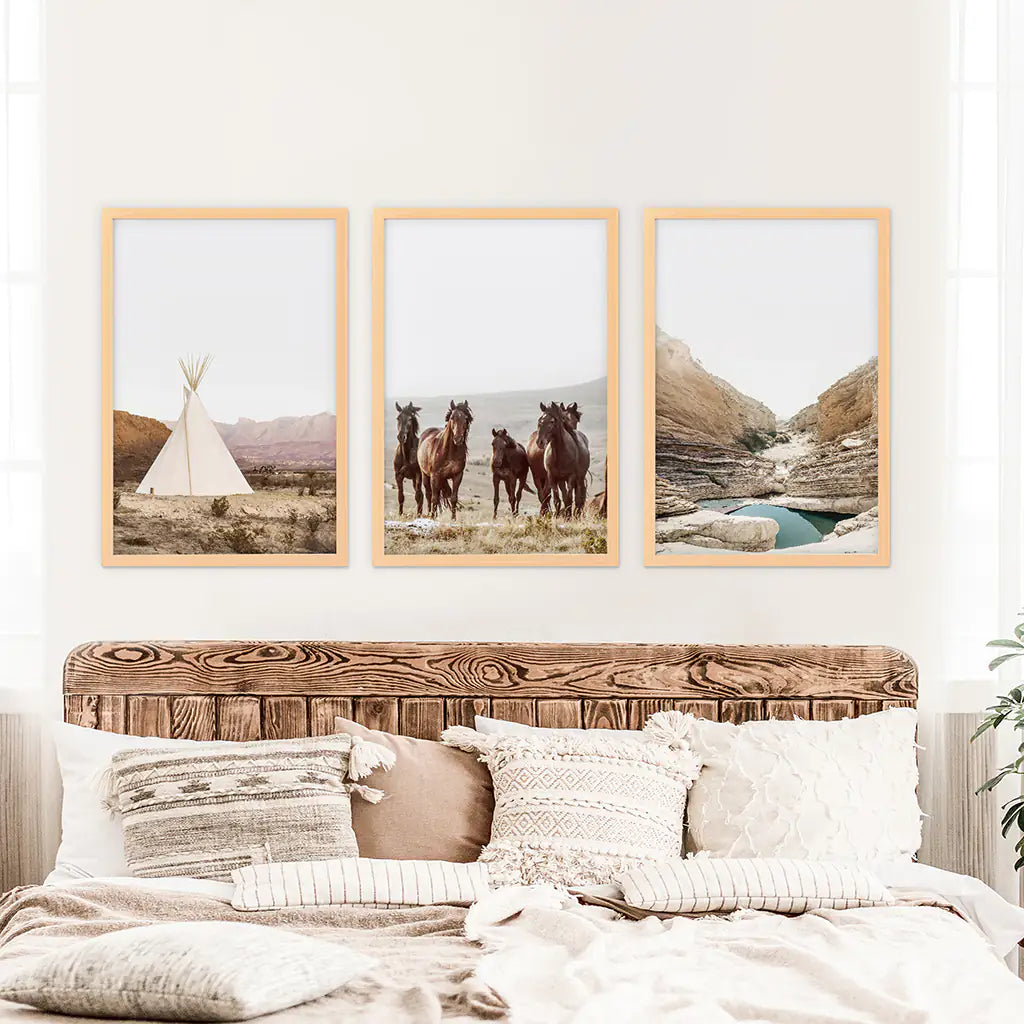 Texas Travel 3 Piece Wall Decor. Big Bend National Park, Wild Horses, Teepee. Wood Frames