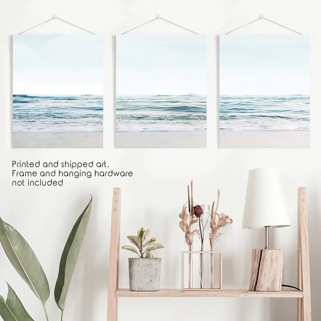 Blue Waves, Sandy Beach. Minimalist 3 Piece Wall Decor - Unframed Art