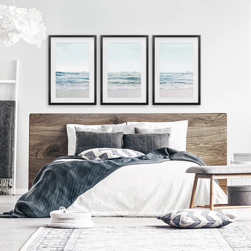 Blue Waves, Sandy Beach. Minimalist 3 Piece Wall Decor - Black Frames wih Mat