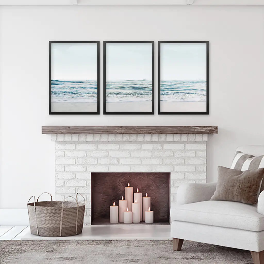 Blue Waves, Sandy Beach. Minimalist 3 Piece Wall Décor - Black Frames