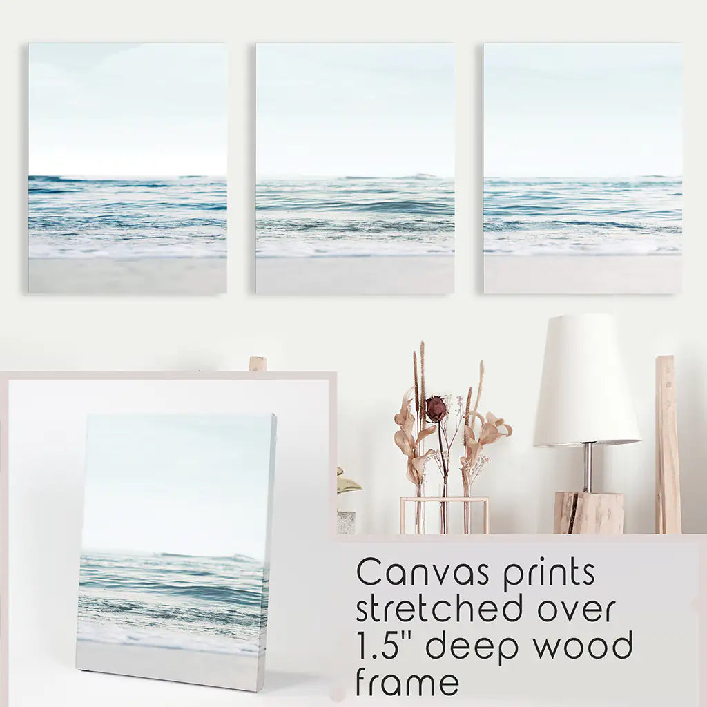 Blue Waves, Sandy Beach. Minimalist 3 Piece Wall Decor - Stretched Canvas