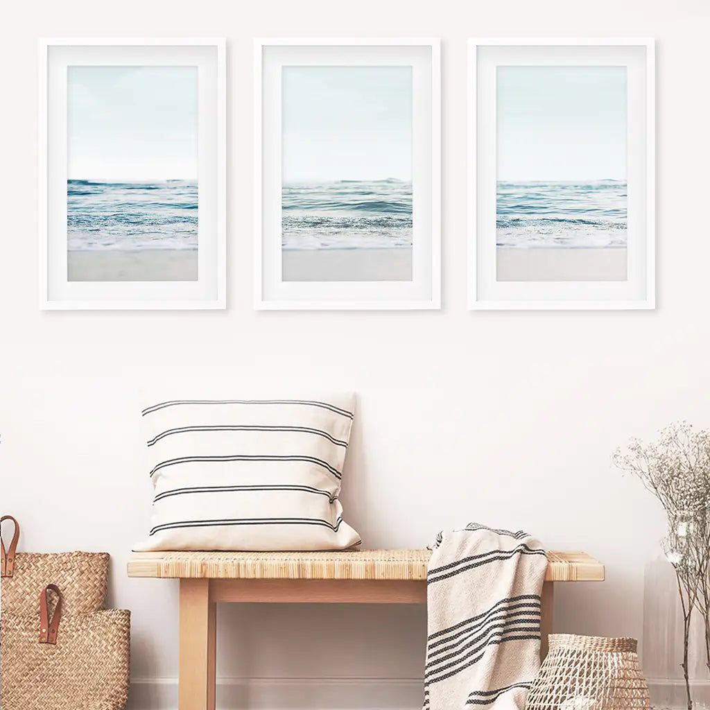 Blue Waves, Sandy Beach. Minimalist 3 Piece Wall Décor - White Frames with Mat