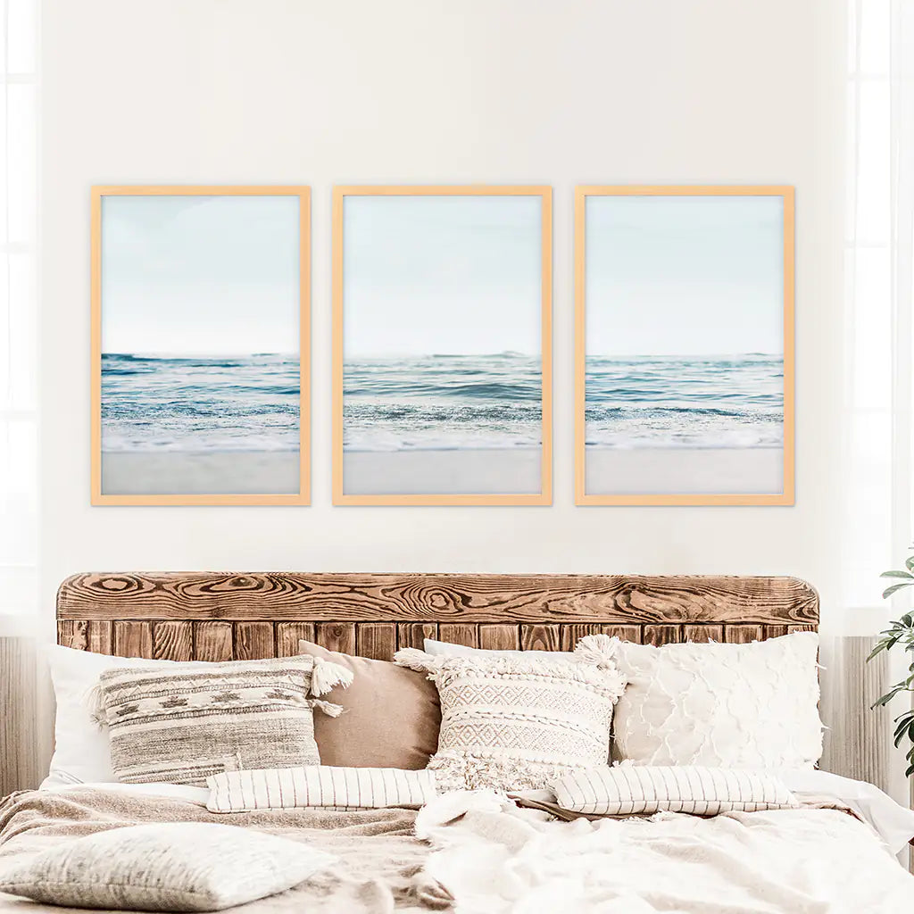 Blue Waves, Sandy Beach. Minimalist 3 Piece Wall Decor - Wood Frames