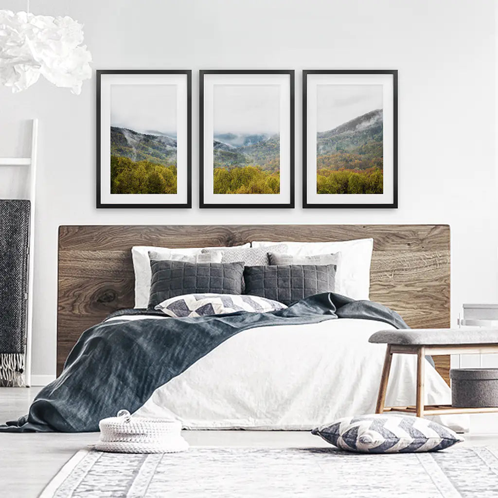 Modern Forest Wall Art Set of 3. Foggy Mountains, Green Forest. Black Frames with Mat