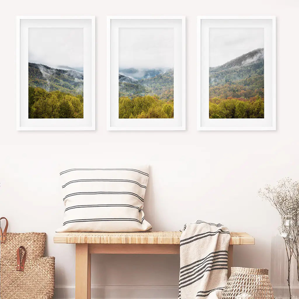 Modern Forest Wall Art Set of 3. Foggy Mountains, Green Forest. White Frames with Mat