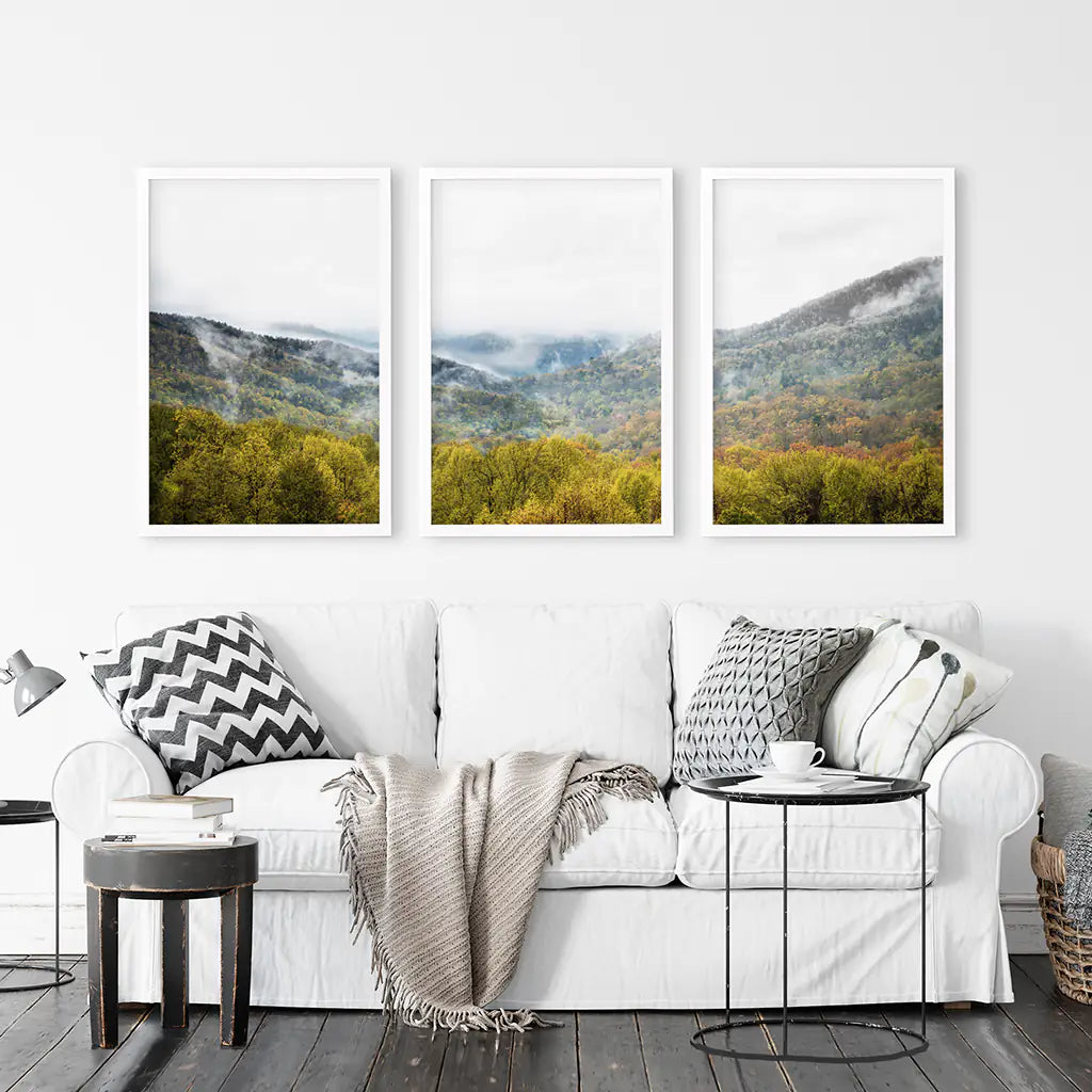 Modern Forest Wall Art Set of 3. Foggy Mountains, Green Forest. White Frames