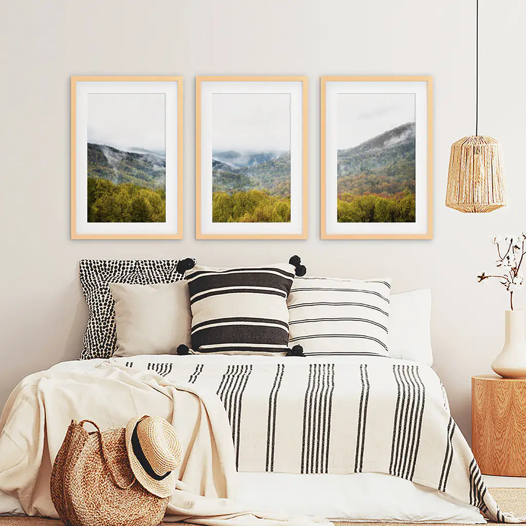 Modern Forest Wall Art Set of 3. Foggy Mountains, Green Forest. Wood Frames with Mat