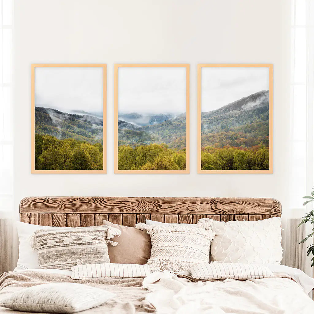 Modern Forest Wall Art Set of 3. Foggy Mountains, Green Forest. Wood Frames