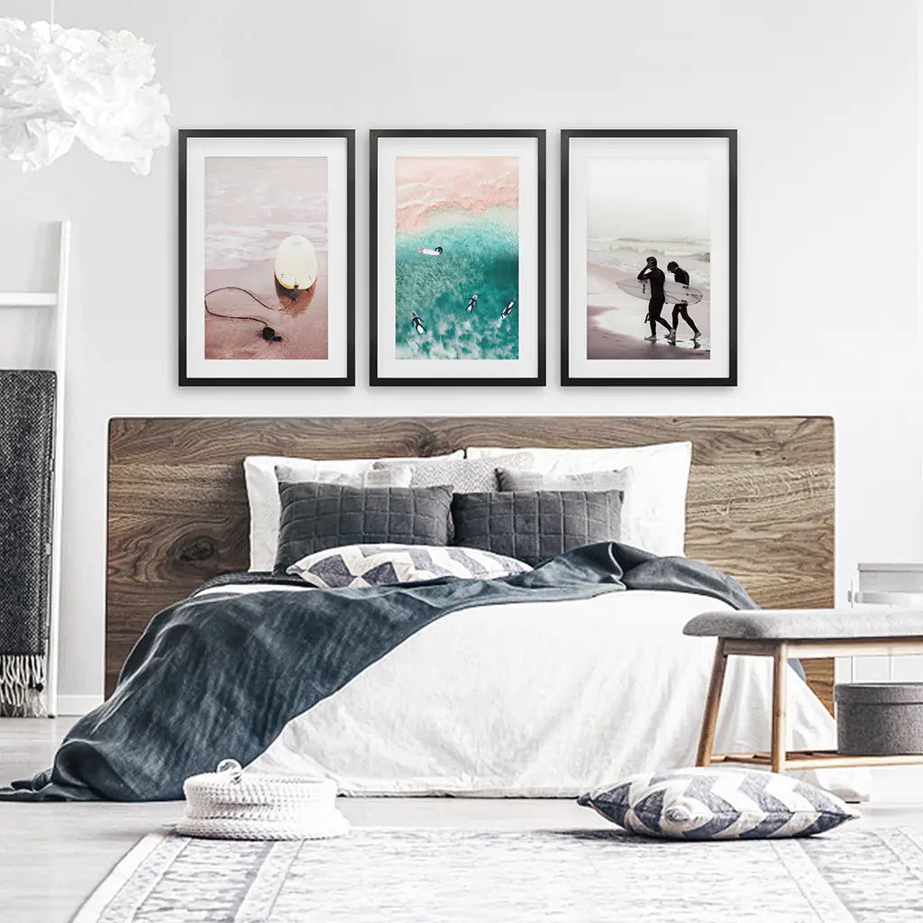 Beige California Wall Art. Surfers on the Beach. Black Frames with Mat