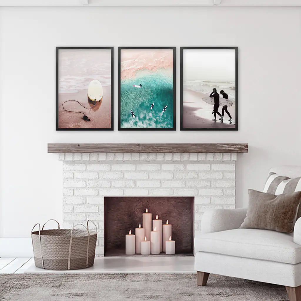 Beige California Wall Art. Surfers on the Beach. Black Frames