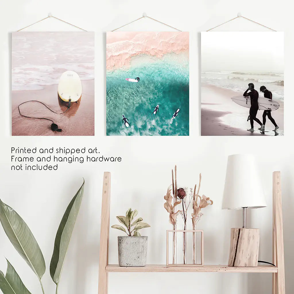 Beige California Wall Art. Surfers on the Beach. Unframed Prints