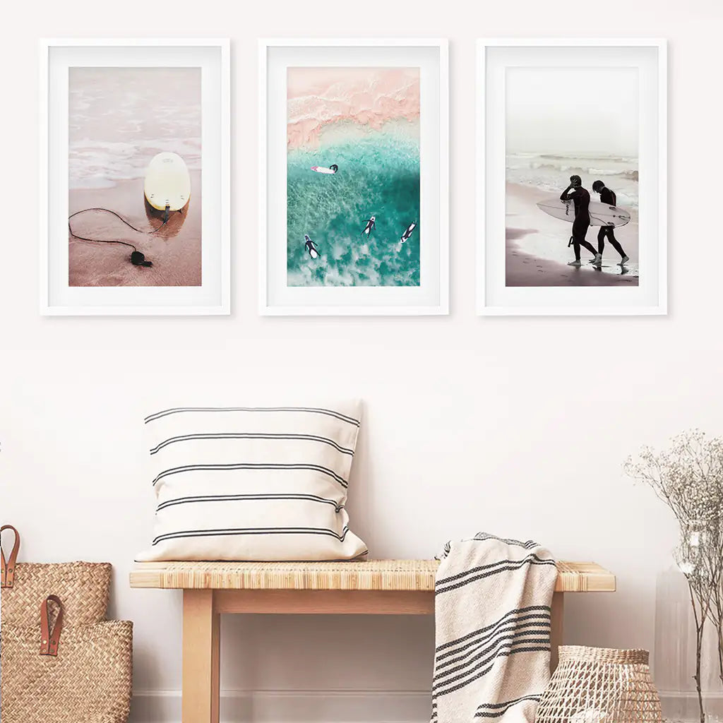 Beige California Wall Art. Surfers on the Beach. White Frames with Mat