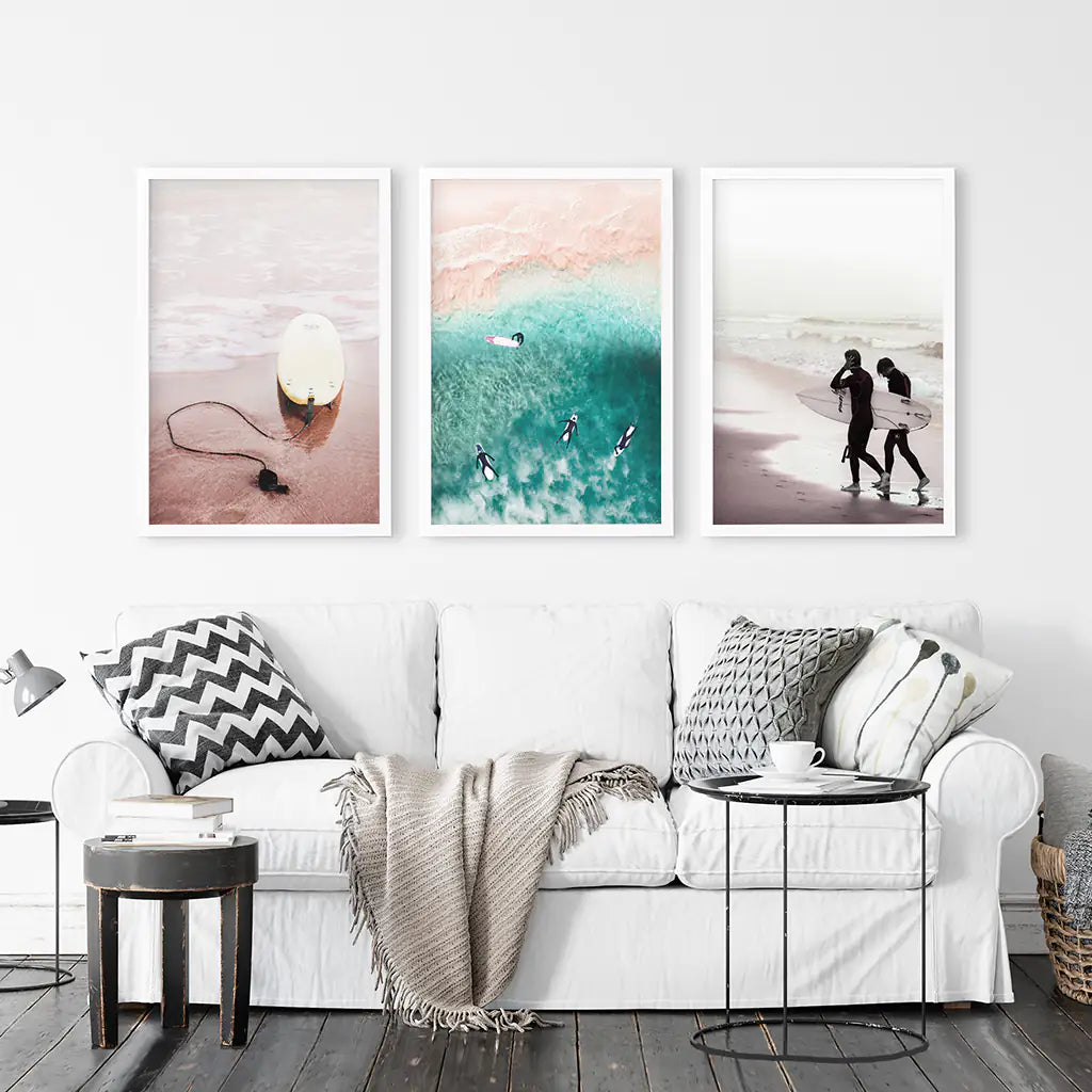 Beige California Wall Art. Surfers on the Beach. White Frames