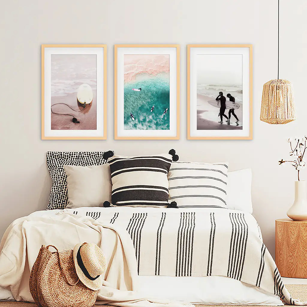 Beige California Wall Art. Surfers on the Beach. Wood Frames with Mat