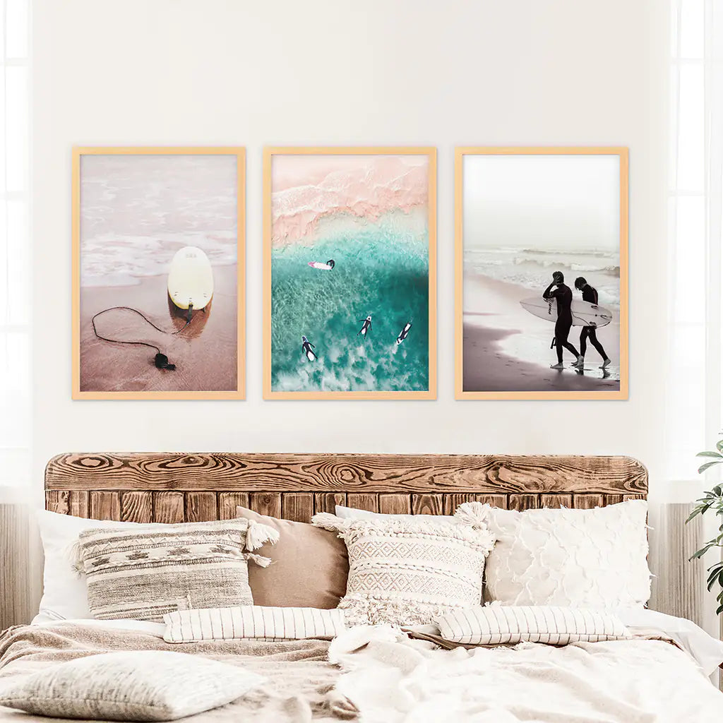 Beige California Wall Art. Surfers on the Beach. Wood Frames