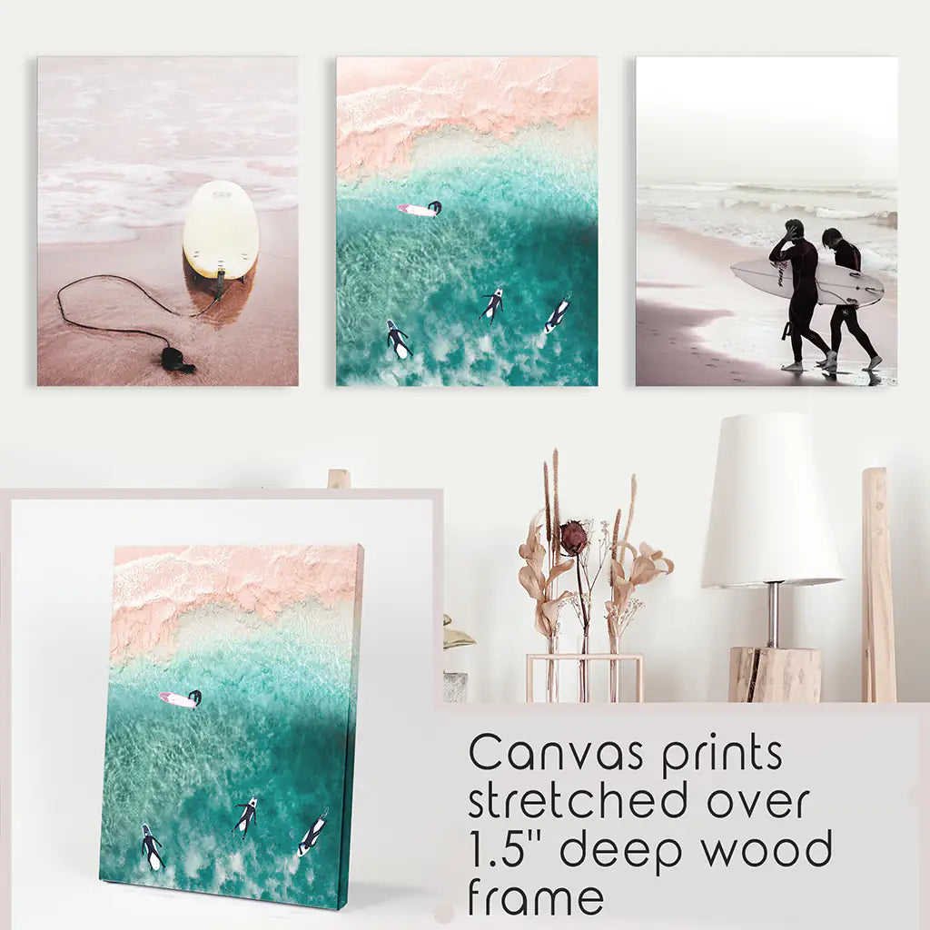 Beige California Wall Art. Surfers on the Beach. Canvas Prints